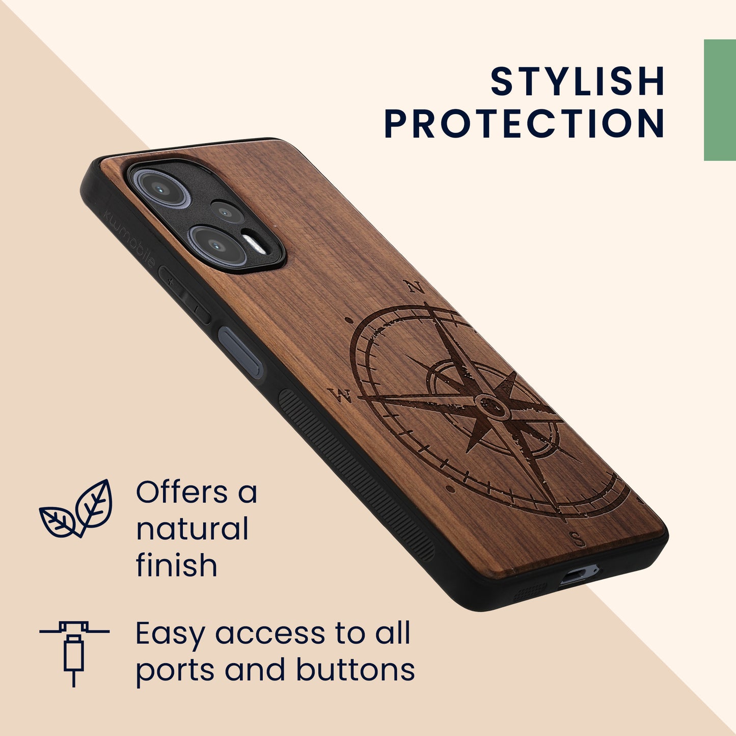 Wooden Hard Case with TPU Bumper for Xiaomi Poco F5 5G Compass Vintage