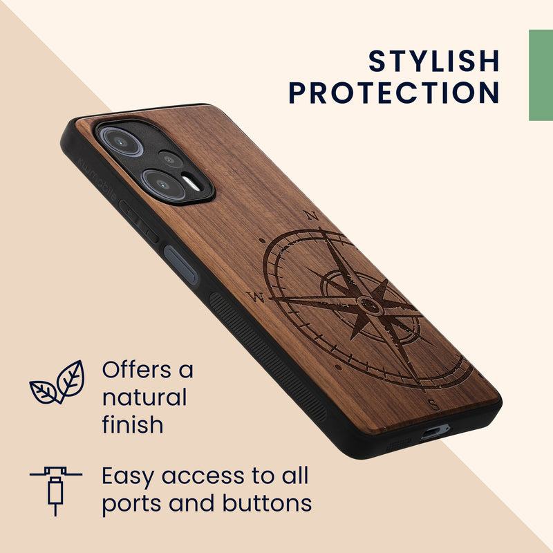 Wooden Hard Case with TPU Bumper for Xiaomi Poco F5 5G Compass Vintage