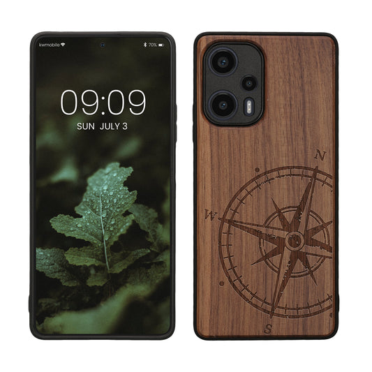 Wooden Hard Case with TPU Bumper for Xiaomi Poco F5 5G Compass Vintage