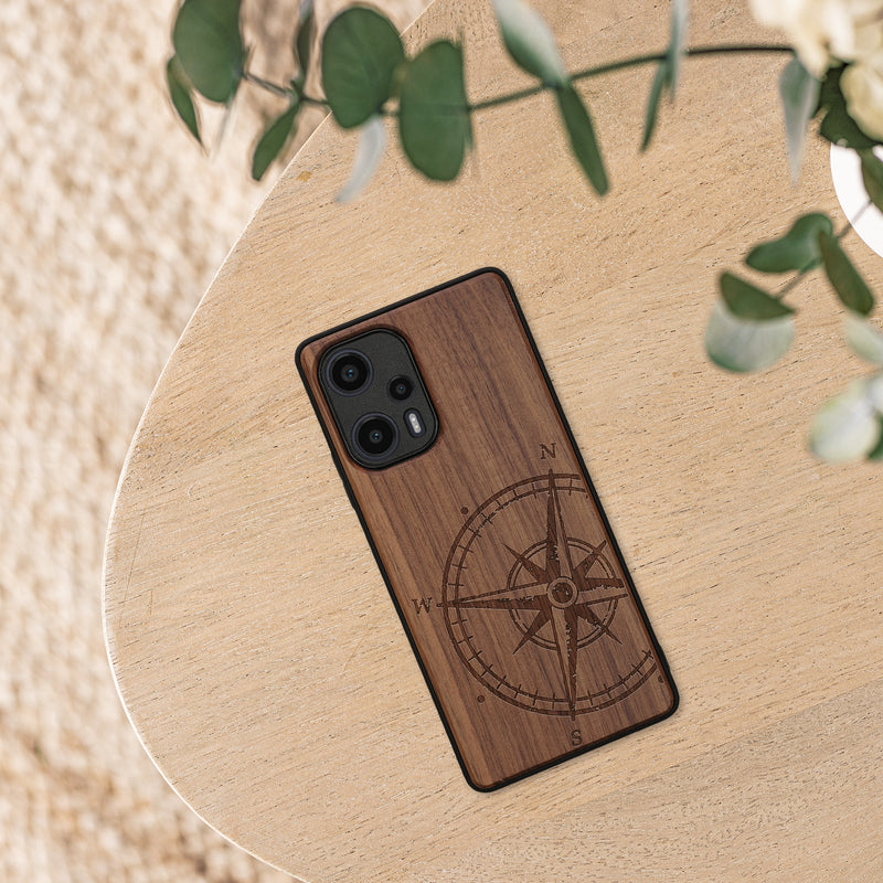 Wooden Hard Case with TPU Bumper for Xiaomi Poco F5 5G Compass Vintage