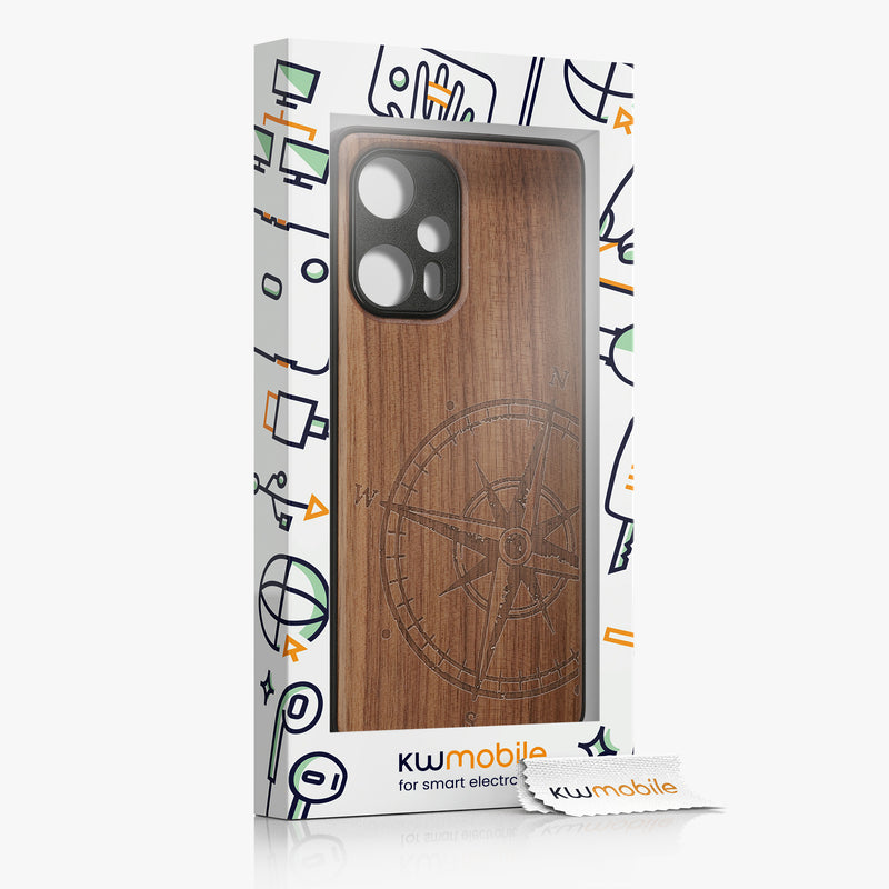 Wooden Hard Case with TPU Bumper for Xiaomi Poco F5 5G Compass Vintage