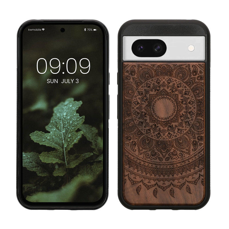 kwmobile Handyhülle für Google Pixel 8a Hülle Holz - Case mit TPU Bumper - Stoßfestes Hardcase - Schutzhülle Cover in Dunkelbraun Dunkelbraun  [dsg03]