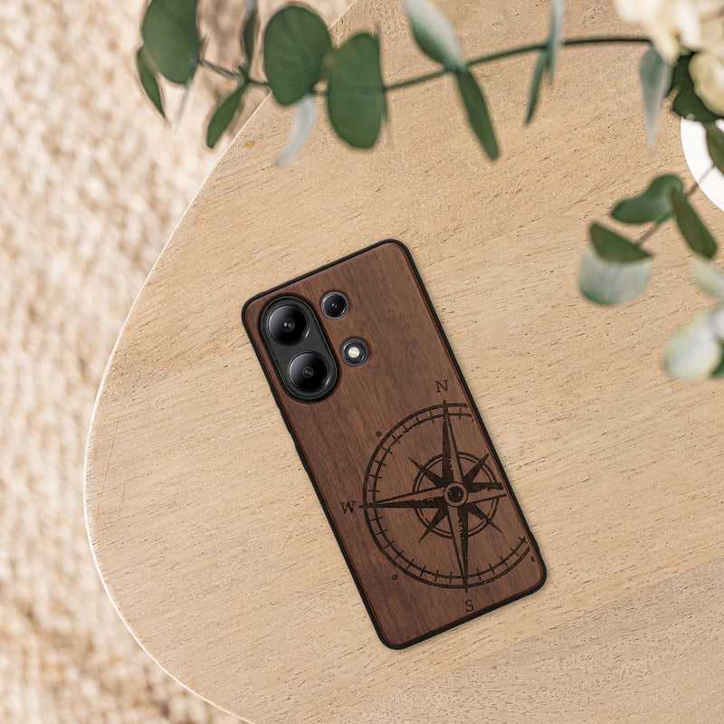 Wooden Hard Case with TPU Bumper for Xiaomi Redmi Note 13 4G Compass Vintage