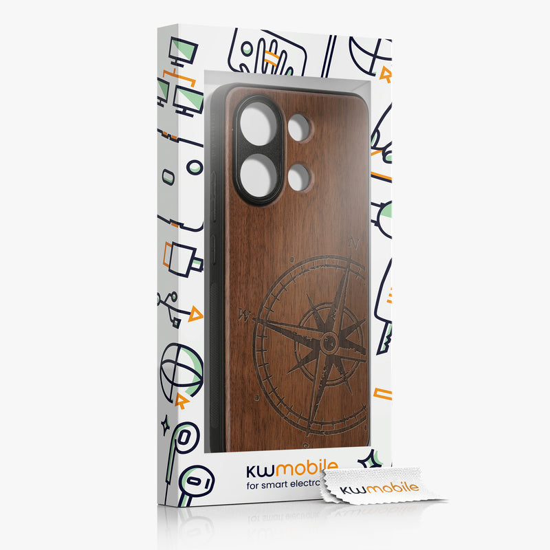 Wooden Hard Case with TPU Bumper for Xiaomi Redmi Note 13 4G Compass Vintage