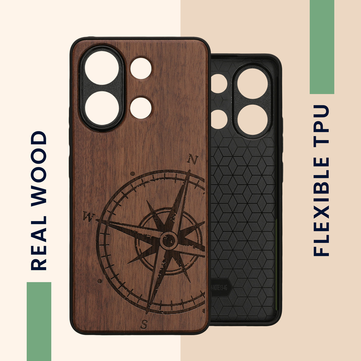 Wooden Hard Case with TPU Bumper for Xiaomi Redmi Note 13 4G Compass Vintage