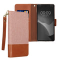 Google Pixel 7a Wallet Phone Case with Card Slots RFID Blocking and Wrist Strap Pink Brown Canvas