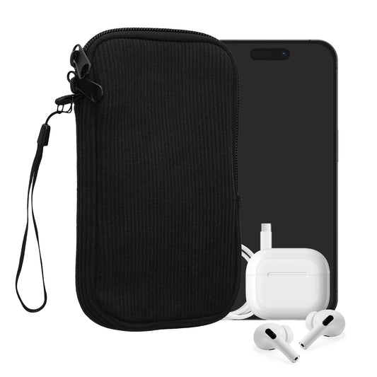 kwmobile Handytasche für L - 6,5" Hülle - Cord und Neopren Tasche mit Handschlaufe - Case 16,5 x 8,9 cm Innenmaße - Handyhülle in Schwarz Schwarz L 