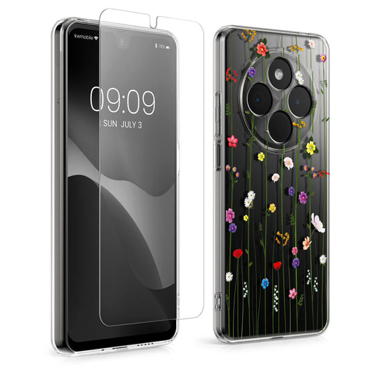 kwmobile Case Compatible with Xiaomi Redmi 14C / Poco C75 Phone Case - Silicone Case Transparent - With Glass Screen Protector - Wildflower Vine Transparent