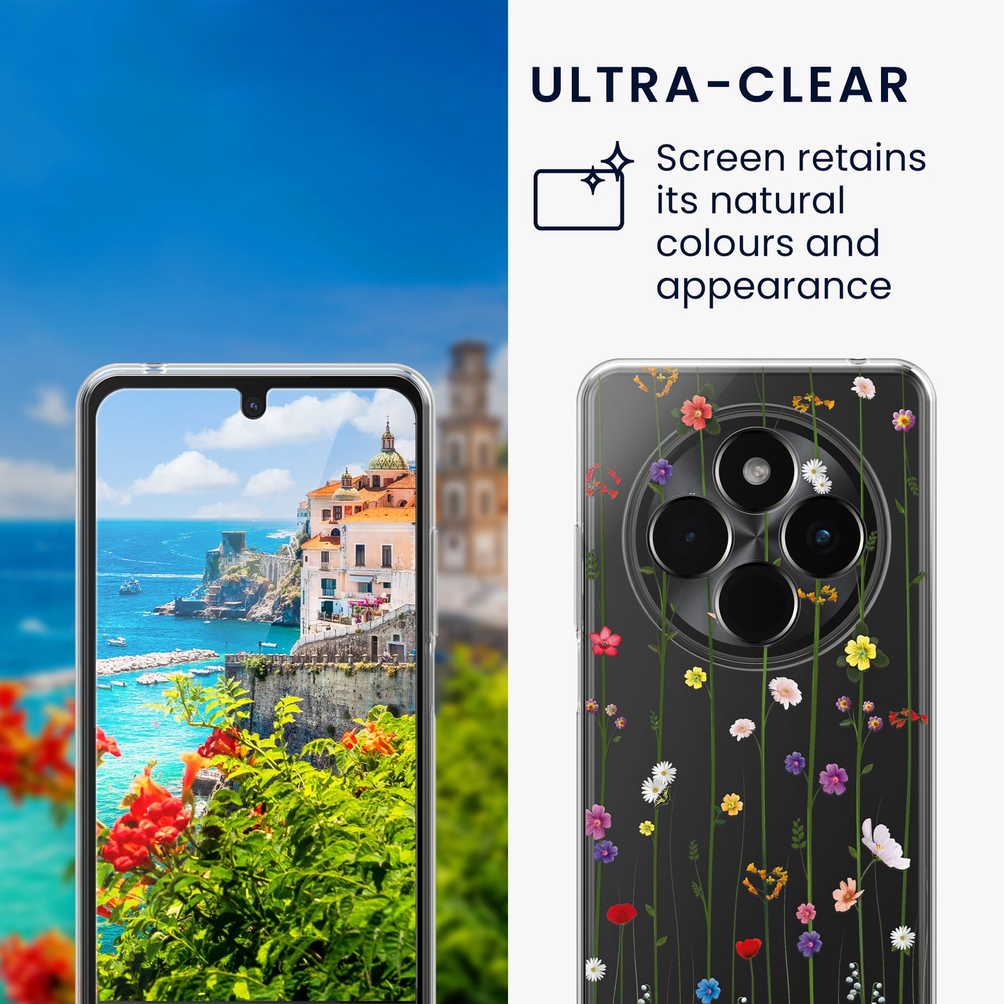 Xiaomi Redmi 14C / Poco C75 Clear Phone Case with Glass Screen Protector Wildflowers
