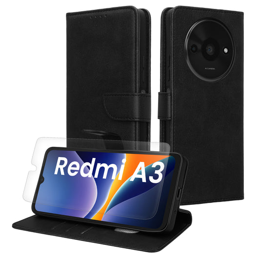 kwmobile Kunstleder Handyhülle kompatibel mit Xiaomi Redmi A3 Hülle - Brieftaschen Schutzhülle aus PU-Leder mit Displayschutz und RFID-Schutz - Schwarz Schwarz  