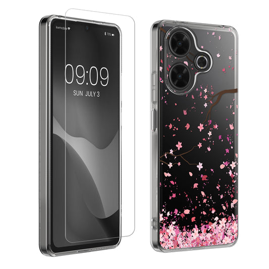 kwmobile Hülle kompatibel mit Xiaomi Redmi 13 Handyhülle - Silikon Case transparent - Mit Glas Schutzfolie - Kirschblütenblätter Rosa Dunkelbraun Transparent Rosa  [dsg01]
