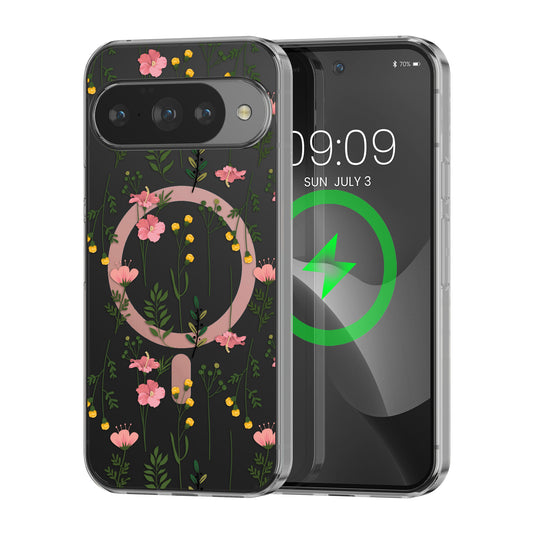 kwmobile kristallklares Hardcase kompatibel mit Google Pixel 10 / Pixel 10 Pro Hülle - kompatibel mit MagSafe - Acryl-Hülle mit TPU Case - Zarte Wildblumen Rosa  [dsg02]