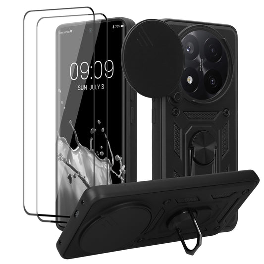 kwmobile Case for Xiaomi Redmi Note 14 Pro+ 5G / Redmi Note 14 Pro Plus 5G - Phone Cover with 2 Screen Protectors - Camera Cover and Ring Holder - Robust Cover