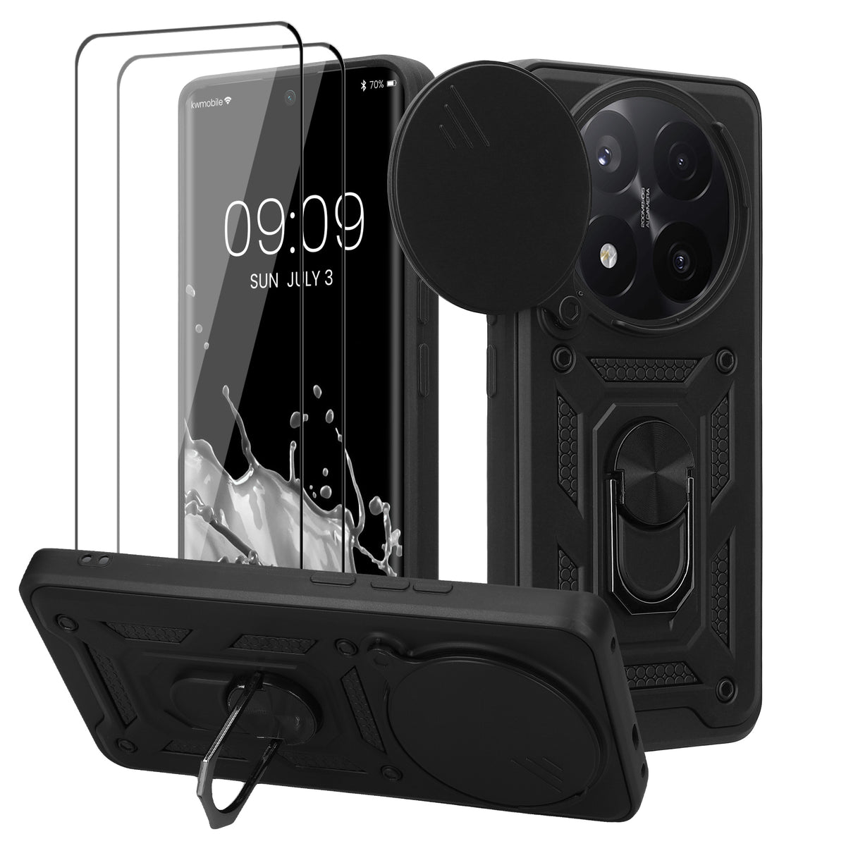 kwmobile Case for Xiaomi Redmi Note 14 Pro+ 5G / Redmi Note 14 Pro Plus 5G - Phone Cover with 2 Screen Protectors - Camera Cover and Ring Holder - Robust Cover