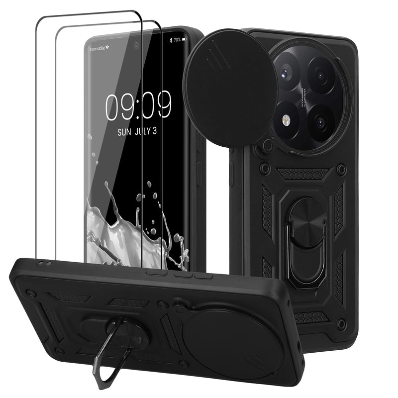kwmobile Case for Xiaomi Redmi Note 14 Pro+ 5G / Redmi Note 14 Pro Plus 5G - Phone Cover with 2 Screen Protectors - Camera Cover and Ring Holder - Robust Cover
