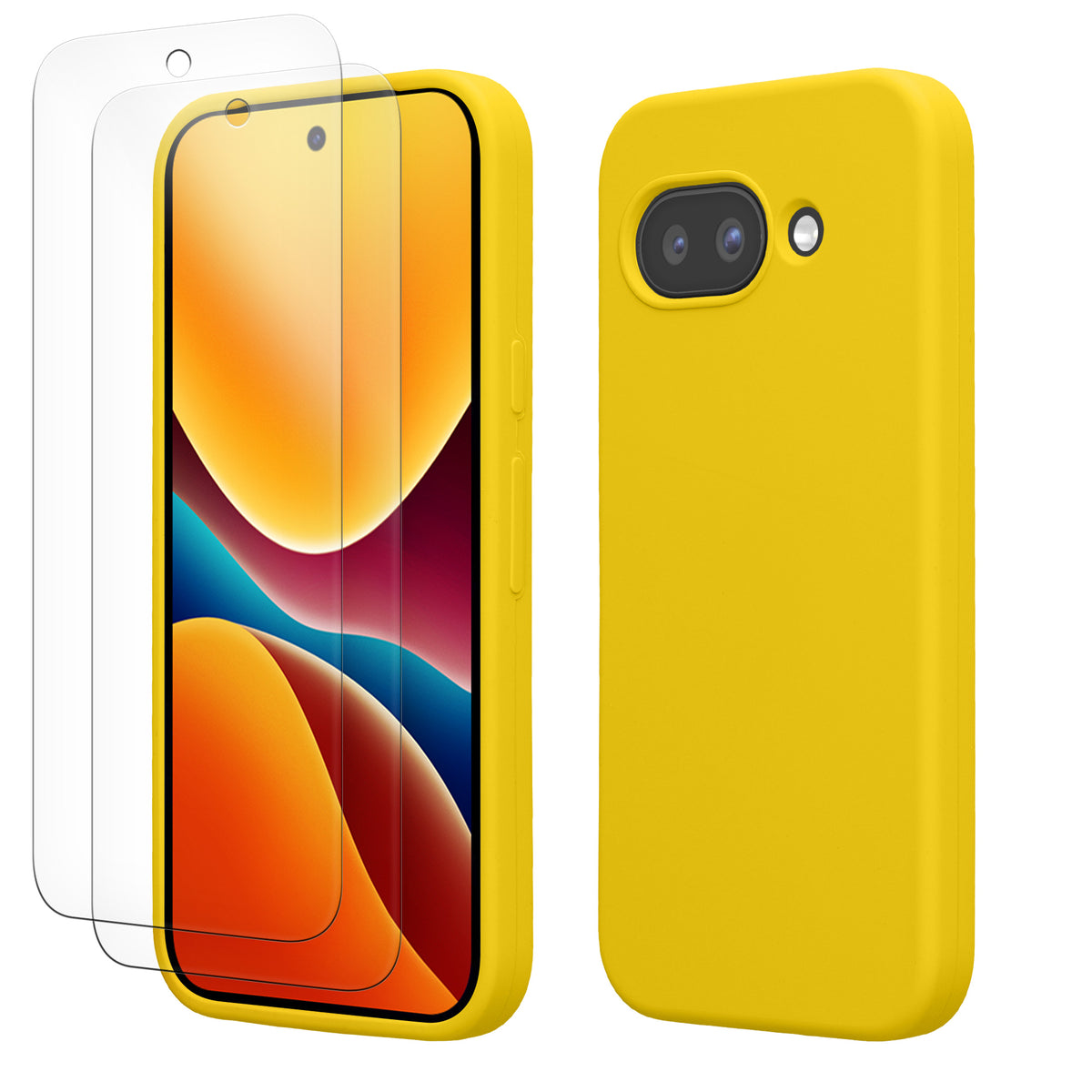Google Pixel 9a Silikon Handyhülle + 2x Schutzglas Strahlend Gelb