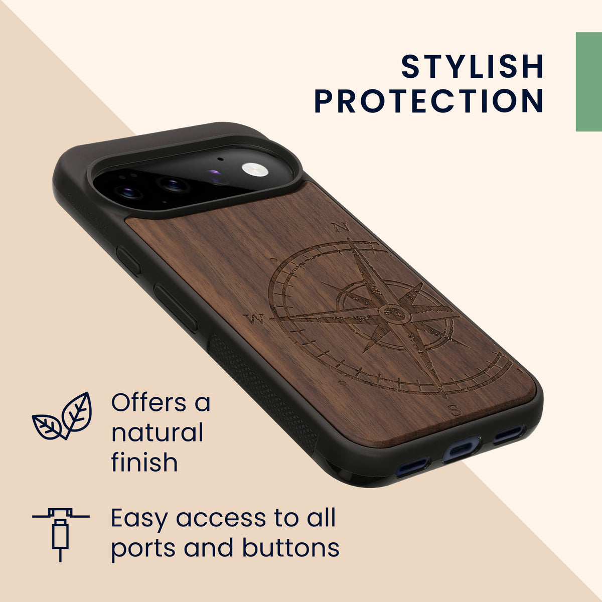 kwmobile Handyhülle für Google Pixel 11 Pro Hülle Holz - Case mit TPU Bumper - Stoßfestes Hardcase - Schutzhülle Cover in Dunkelbraun Dunkelbraun Kompass