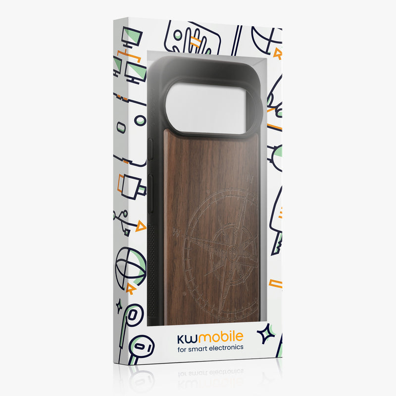 kwmobile Handyhülle für Google Pixel 11 Pro Hülle Holz - Case mit TPU Bumper - Stoßfestes Hardcase - Schutzhülle Cover in Dunkelbraun Dunkelbraun Kompass