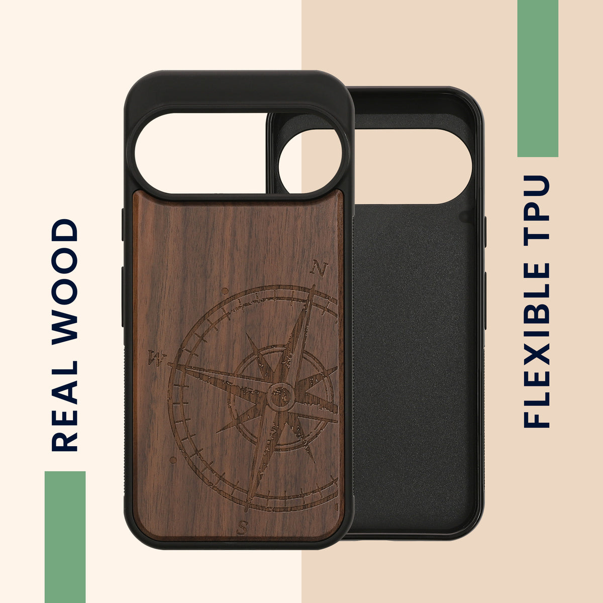 kwmobile Handyhülle für Google Pixel 11 Pro Hülle Holz - Case mit TPU Bumper - Stoßfestes Hardcase - Schutzhülle Cover in Dunkelbraun Dunkelbraun Kompass