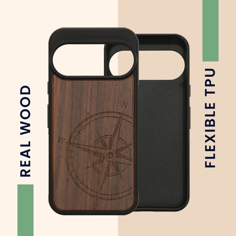 kwmobile Handyhülle für Google Pixel 11 Pro Hülle Holz - Case mit TPU Bumper - Stoßfestes Hardcase - Schutzhülle Cover in Dunkelbraun Dunkelbraun Kompass