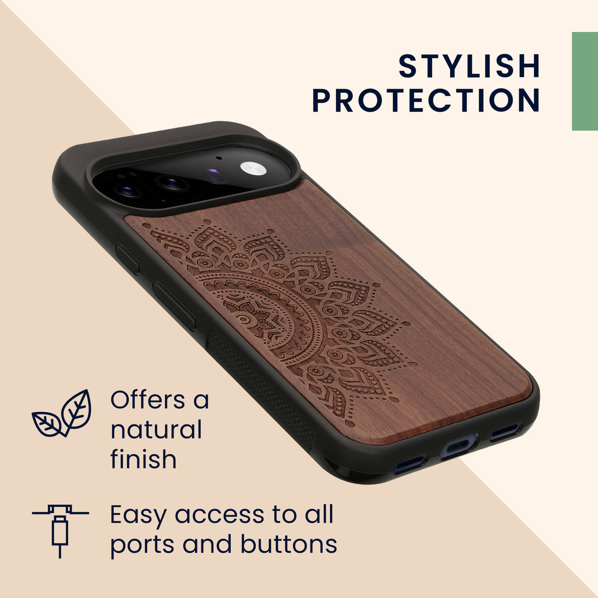 kwmobile Handyhülle für Google Pixel 11 Pro Hülle Holz - Case mit TPU Bumper - Stoßfestes Hardcase - Schutzhülle Cover in Dunkelbraun Dunkelbraun Mandala