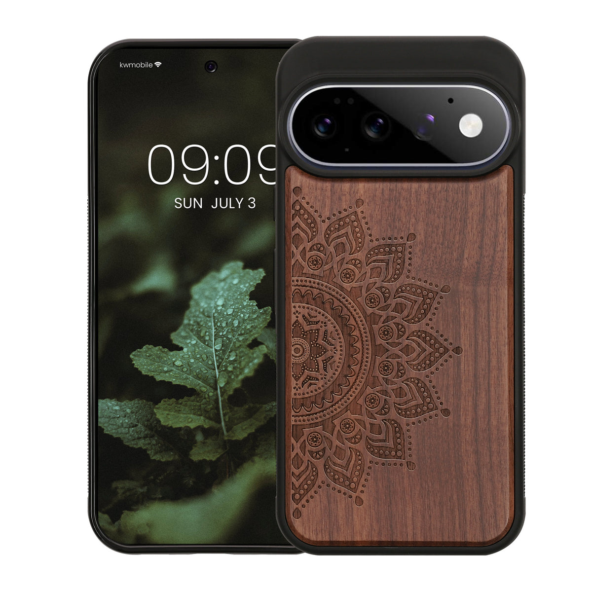 kwmobile Handyhülle für Google Pixel 11 Pro Hülle Holz - Case mit TPU Bumper - Stoßfestes Hardcase - Schutzhülle Cover in Dunkelbraun Dunkelbraun Mandala