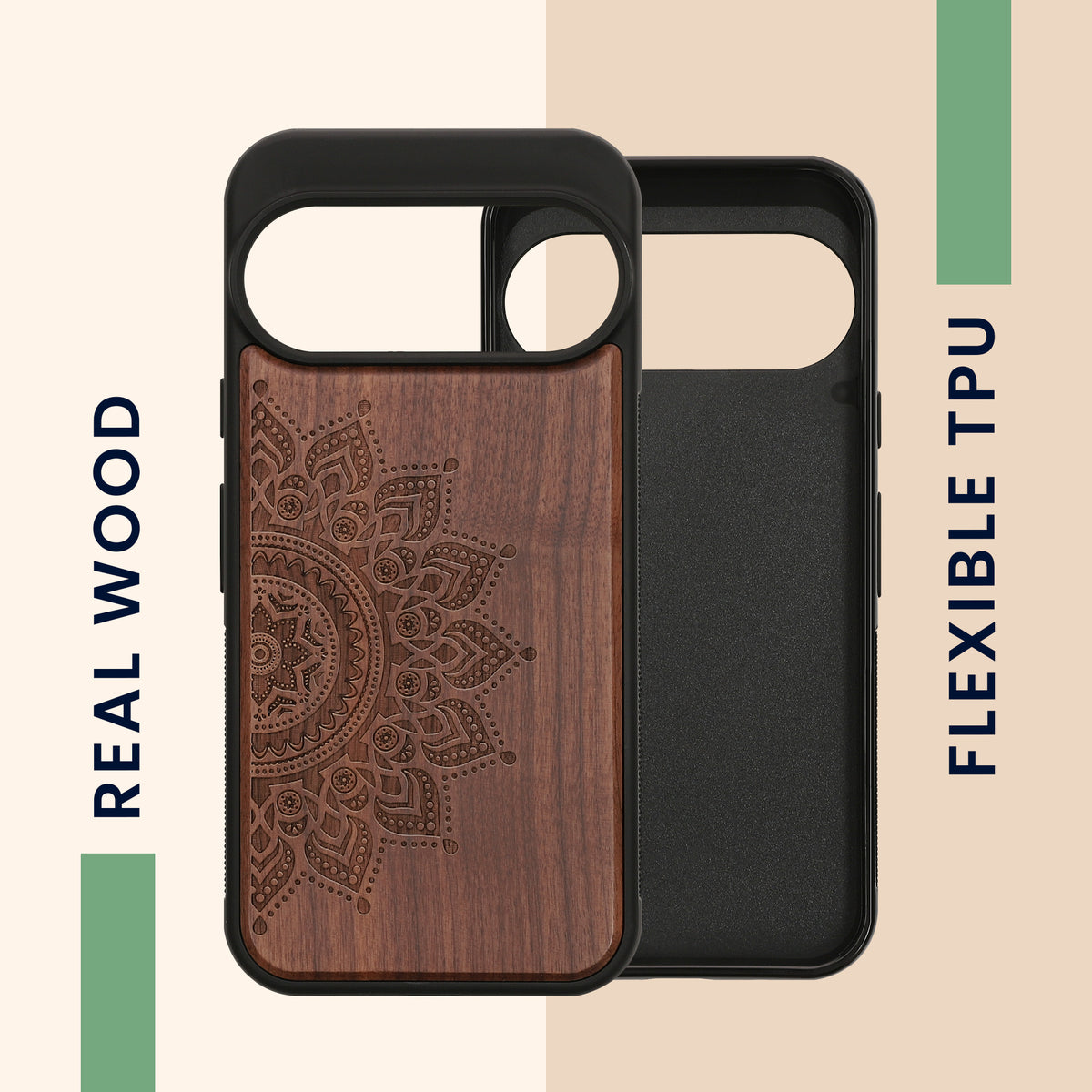 kwmobile Handyhülle für Google Pixel 11 Pro Hülle Holz - Case mit TPU Bumper - Stoßfestes Hardcase - Schutzhülle Cover in Dunkelbraun Dunkelbraun Mandala