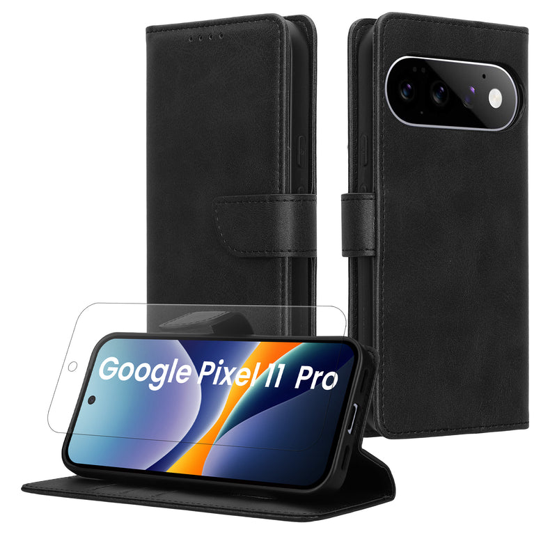 kwmobile Kunstleder Handyhülle kompatibel mit Google Pixel 11 Pro Hülle - Brieftaschen Schutzhülle aus PU-Leder mit Displayschutz und RFID-Schutz - Schwarz Schwarz