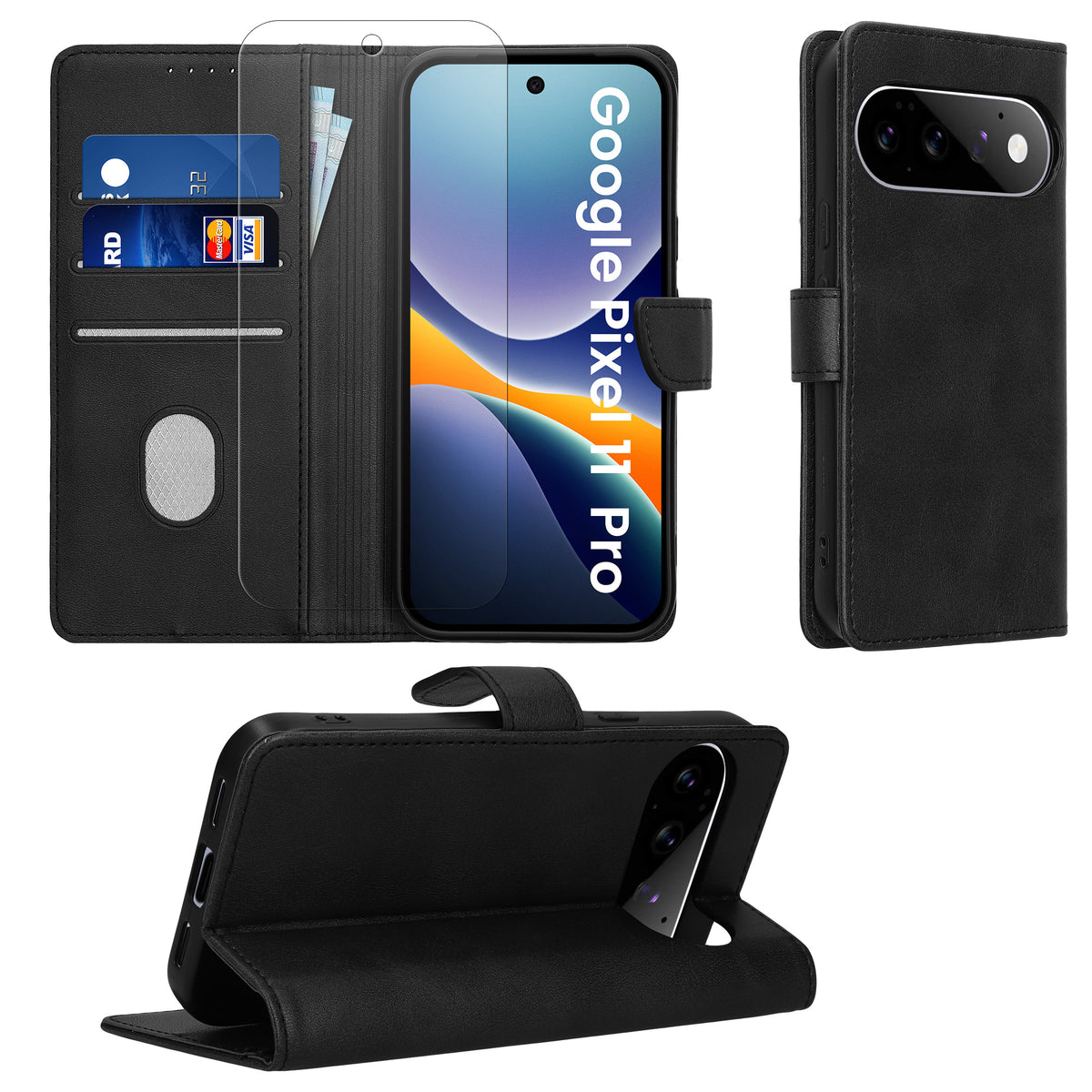 kwmobile Kunstleder Handyhülle kompatibel mit Google Pixel 11 Pro Hülle - Brieftaschen Schutzhülle aus PU-Leder mit Displayschutz und RFID-Schutz - Schwarz Schwarz