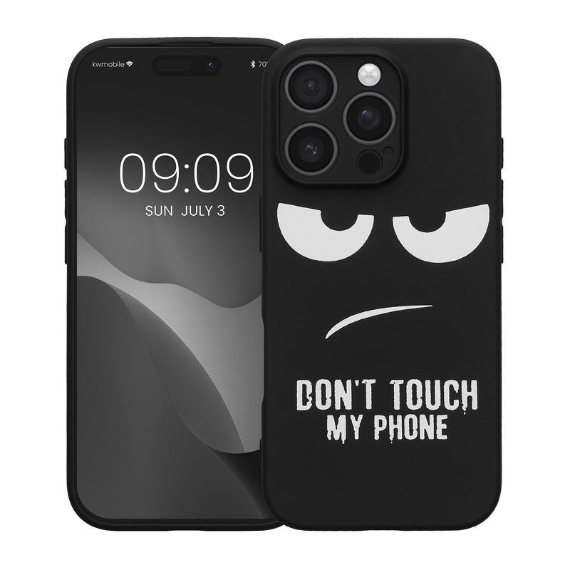 kwmobile Hülle kompatibel mit Apple iPhone 16 Pro - Handyhülle Silikon Case - Don't touch my Phone Weiß Schwarz Weiß  [dsg01]