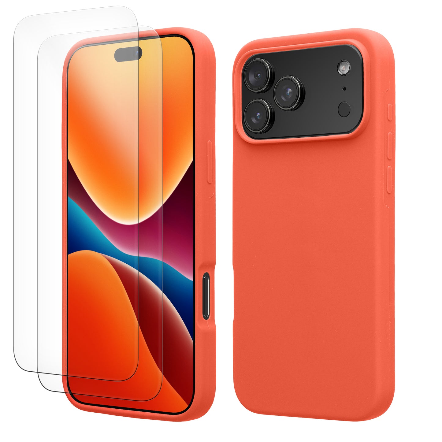 kwmobile Handyhülle mit 2x Displayschutzfolien kompatibel mit Apple iPhone 17 Pro Max Hülle - Screen Protector aus gehärtetem Glas - kabelloses Laden - Leuchtende Koralle Leuchtende Koralle