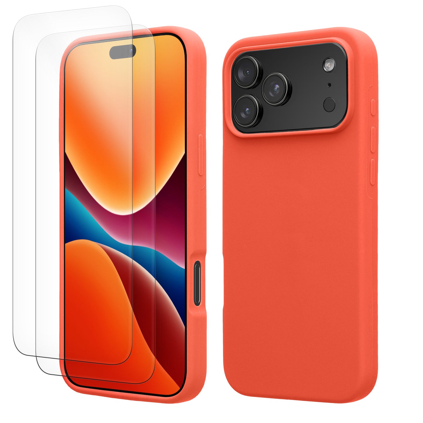 kwmobile Handyhülle mit 2x Displayschutzfolien kompatibel mit Apple iPhone 17 Pro Max Hülle - Screen Protector aus gehärtetem Glas - kabelloses Laden - Leuchtende Koralle Leuchtende Koralle