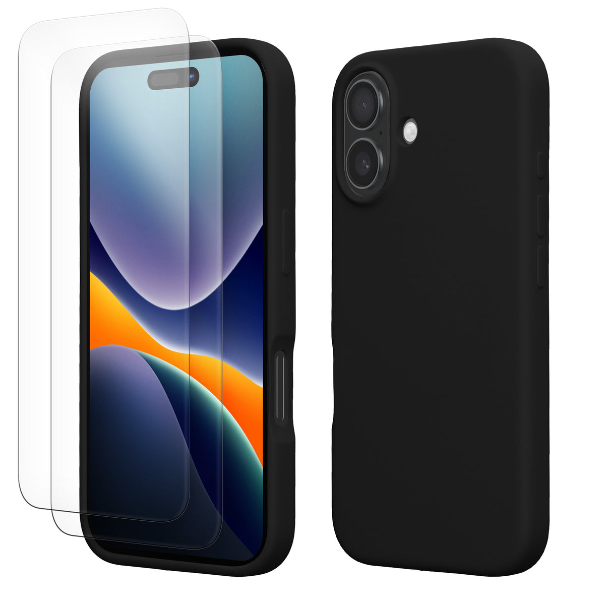 kwmobile Handyhülle mit 2x Displayschutzfolien kompatibel mit Apple iPhone 16 Hülle - Screen Protector aus gehärtetem Glas - kabelloses Laden - Schwarz Schwarz