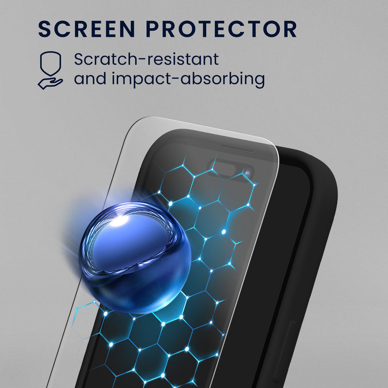 kwmobile Handyhülle mit 2x Displayschutzfolien kompatibel mit Apple iPhone 16 Hülle - Screen Protector aus gehärtetem Glas - kabelloses Laden - Schwarz Schwarz