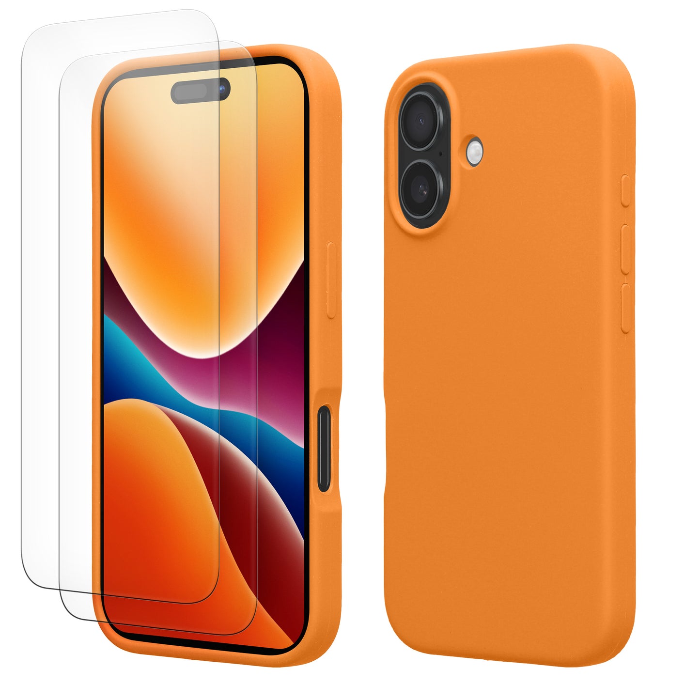 kwmobile Handyhülle mit 2x Displayschutzfolien kompatibel mit Apple iPhone 16 Hülle - Screen Protector aus gehärtetem Glas - kabelloses Laden - Fruity Orange Fruity Orange