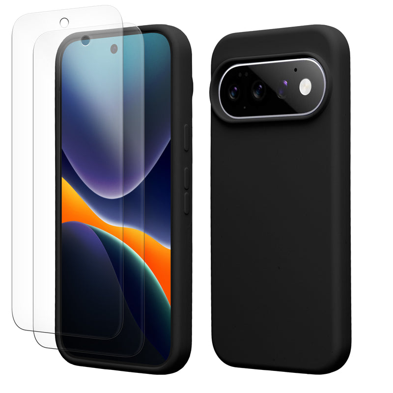 kwmobile Handyhülle mit 2x Displayschutzfolien kompatibel mit Google Pixel 11 Pro XL Hülle - Screen Protector aus gehärtetem Glas - kabelloses Laden - Schwarz Schwarz