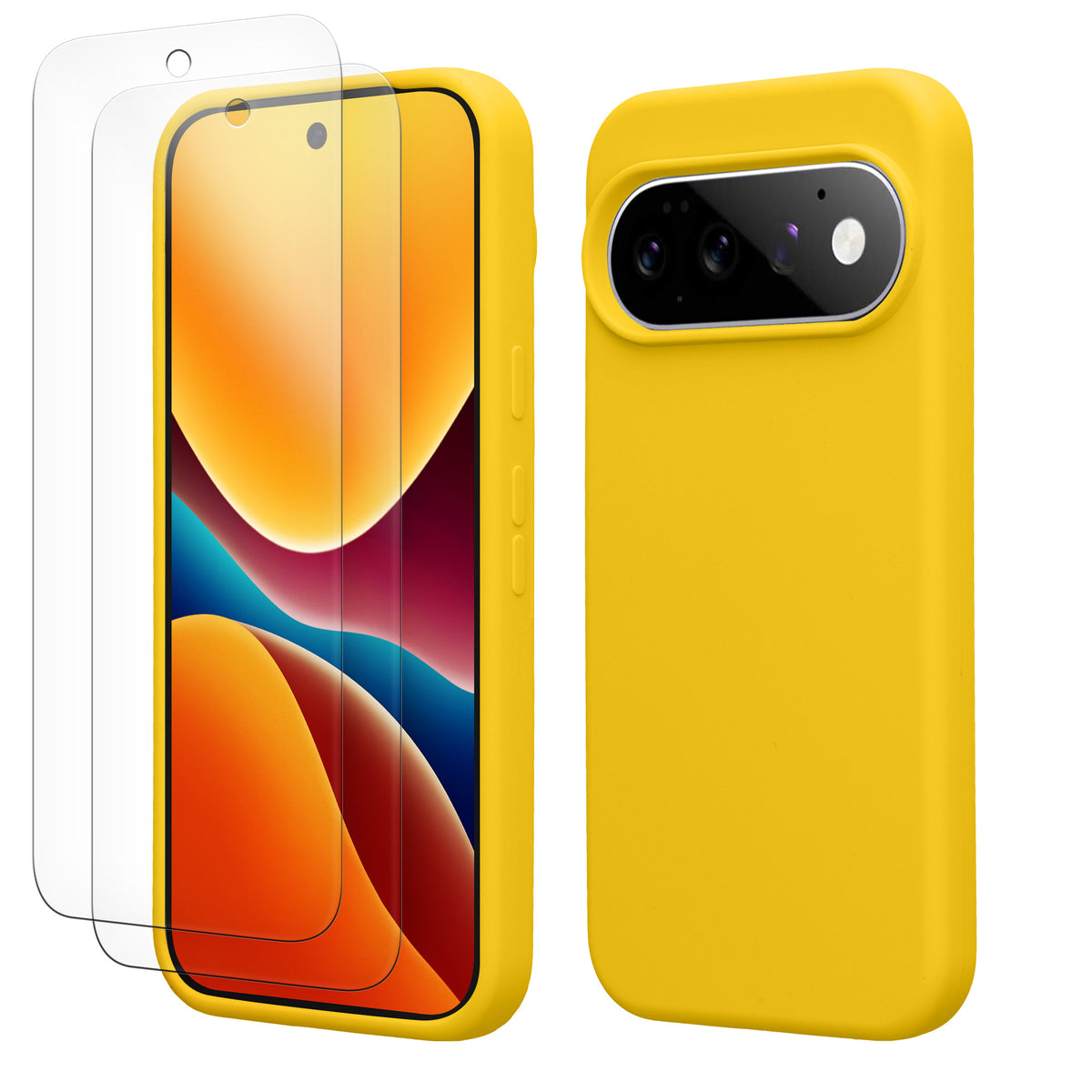 kwmobile Handyhülle mit 2x Displayschutzfolien kompatibel mit Google Pixel 11 Pro XL Hülle - Screen Protector aus gehärtetem Glas - kabelloses Laden - Strahlend Gelb Strahlend Gelb