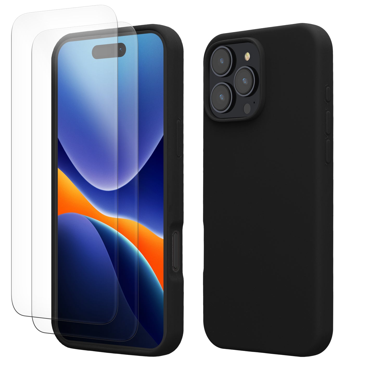 kwmobile Handyhülle mit 2x Displayschutzfolien kompatibel mit Apple iPhone 16 Pro Max Hülle - Screen Protector aus gehärtetem Glas - kabelloses Laden - Schwarz Schwarz