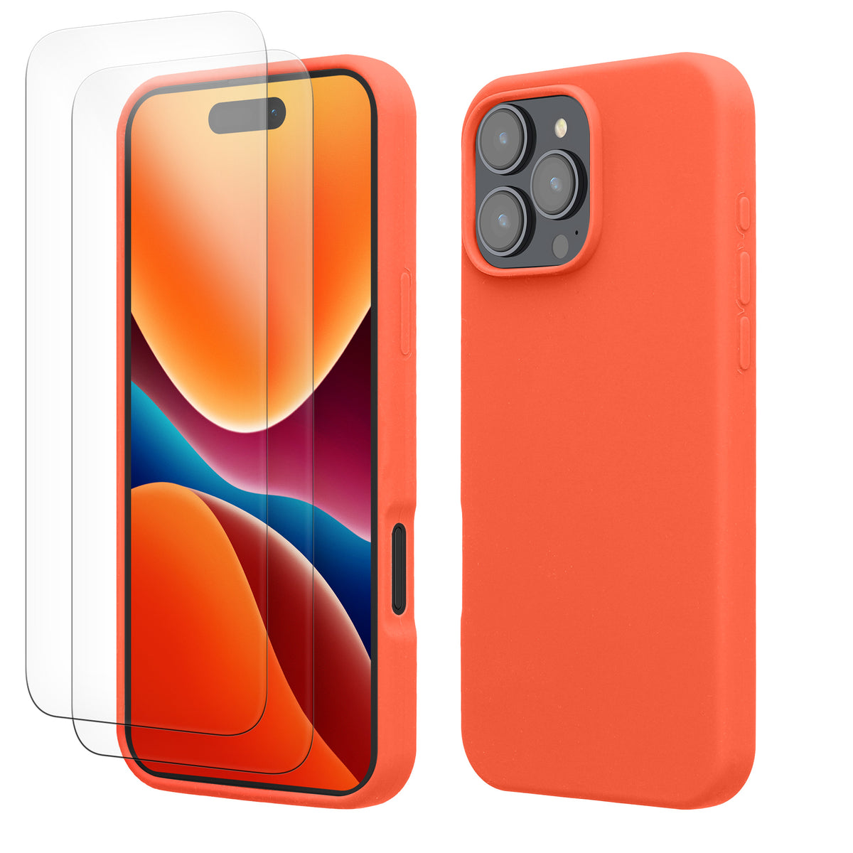kwmobile Handyhülle mit 2x Displayschutzfolien kompatibel mit Apple iPhone 16 Pro Max Hülle - Screen Protector aus gehärtetem Glas - kabelloses Laden - Leuchtende Koralle Leuchtende Koralle