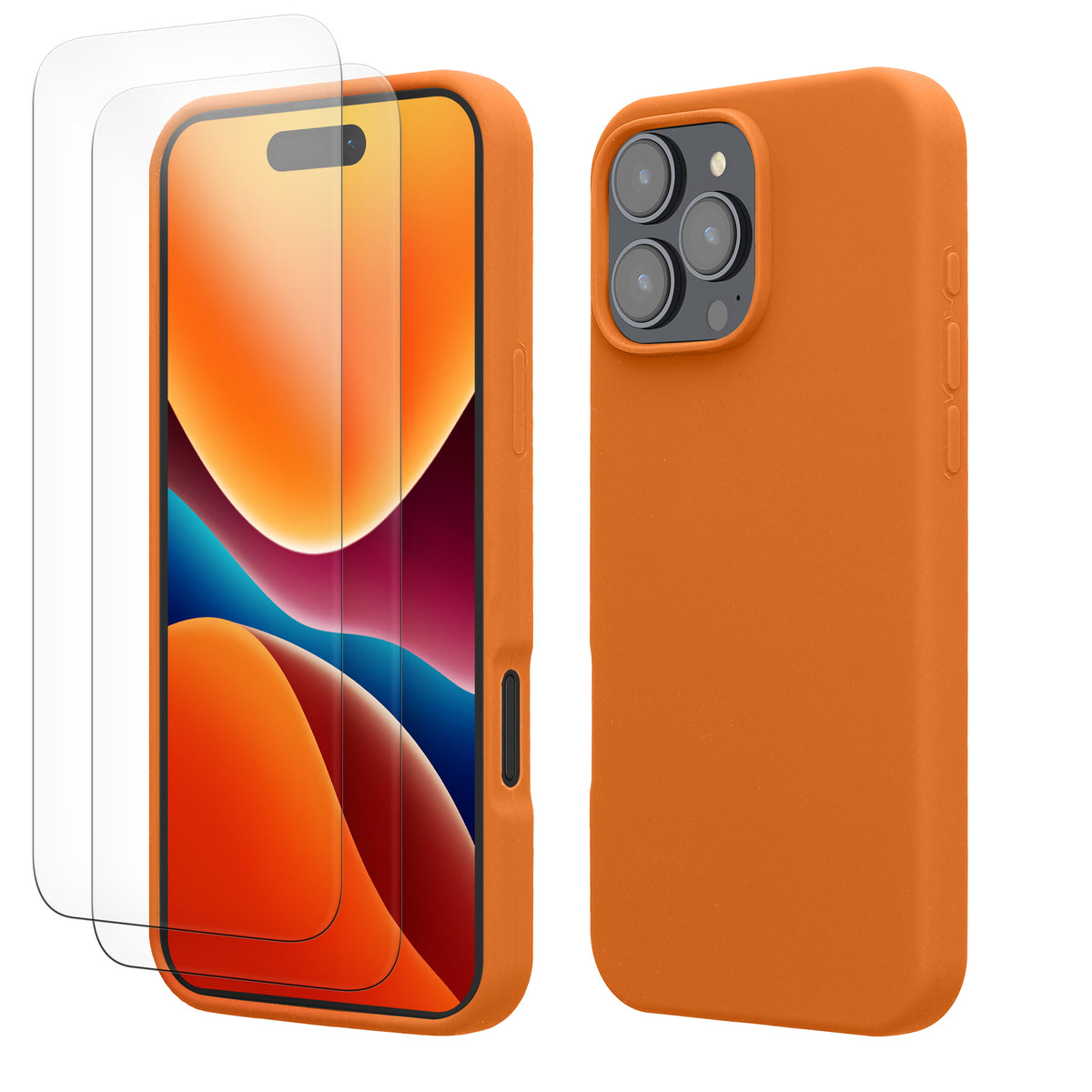 kwmobile Handyhülle mit 2x Displayschutzfolien kompatibel mit Apple iPhone 16 Pro Max Hülle - Screen Protector aus gehärtetem Glas - kabelloses Laden - Fruity Orange Fruity Orange