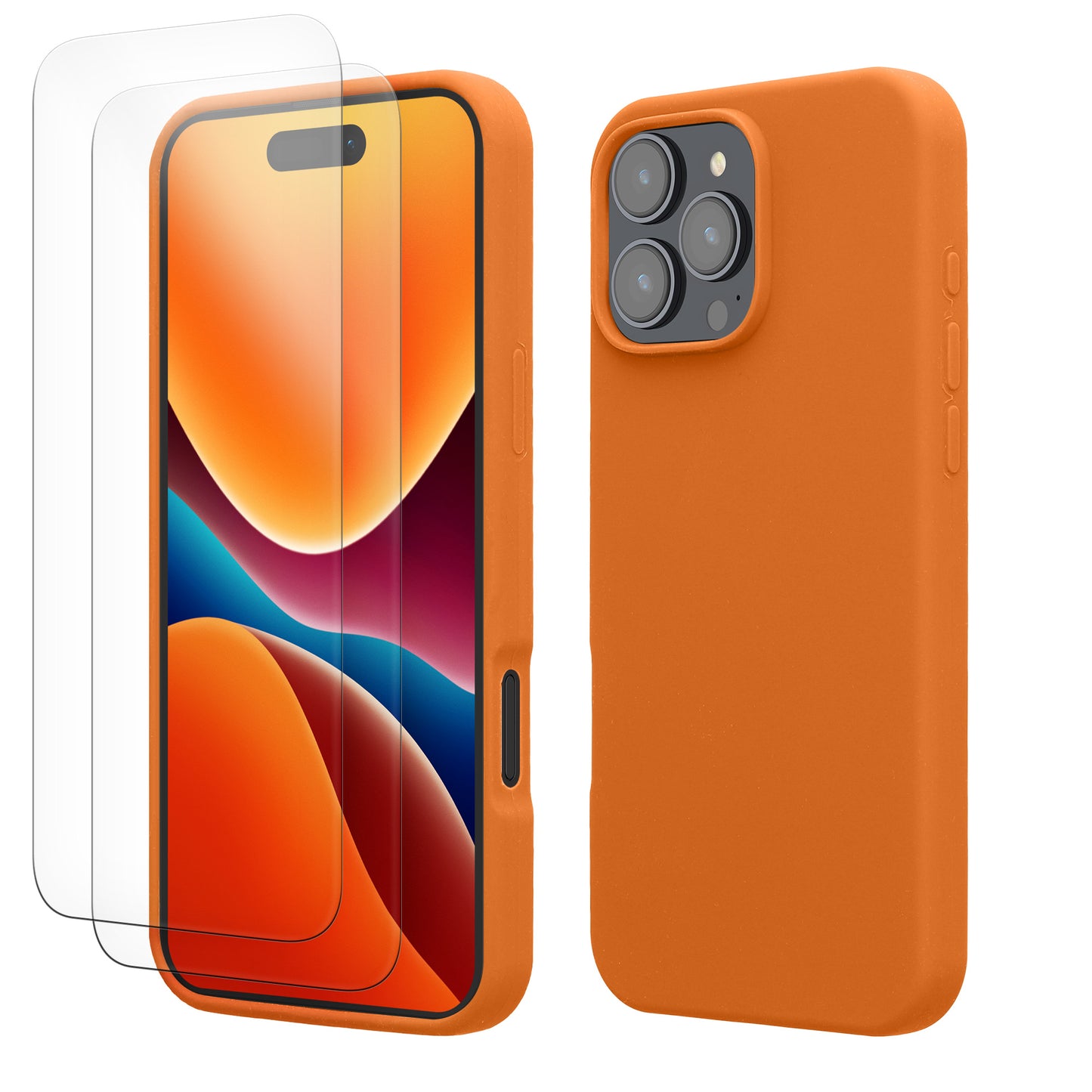 kwmobile Handyhülle mit 2x Displayschutzfolien kompatibel mit Apple iPhone 16 Pro Max Hülle - Screen Protector aus gehärtetem Glas - kabelloses Laden - Fruity Orange Fruity Orange
