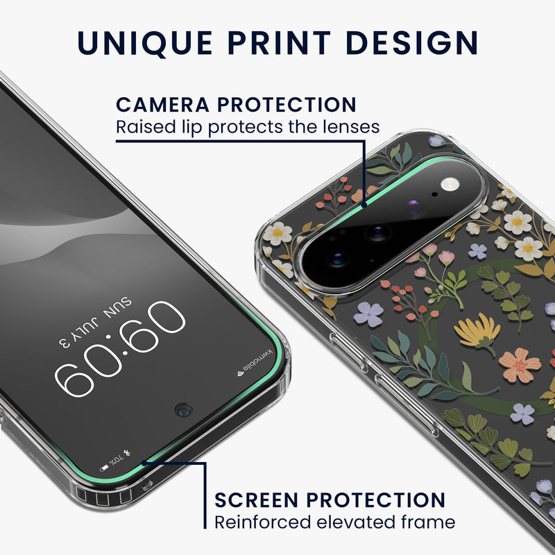 kwmobile kristallklares Hardcase kompatibel mit Google Pixel 11 Hülle - kompatibel mit MagSafe - Acryl-Hülle mit TPU Case - Zauberhafte Blumen Gelb  [dsg01]