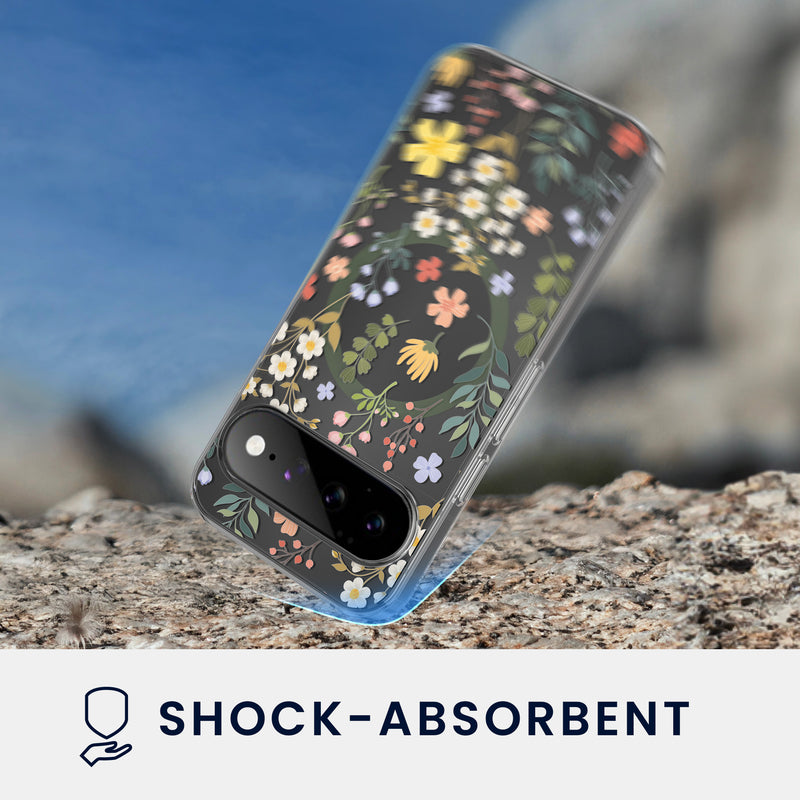 kwmobile kristallklares Hardcase kompatibel mit Google Pixel 11 Hülle - kompatibel mit MagSafe - Acryl-Hülle mit TPU Case - Zauberhafte Blumen Gelb  [dsg01]