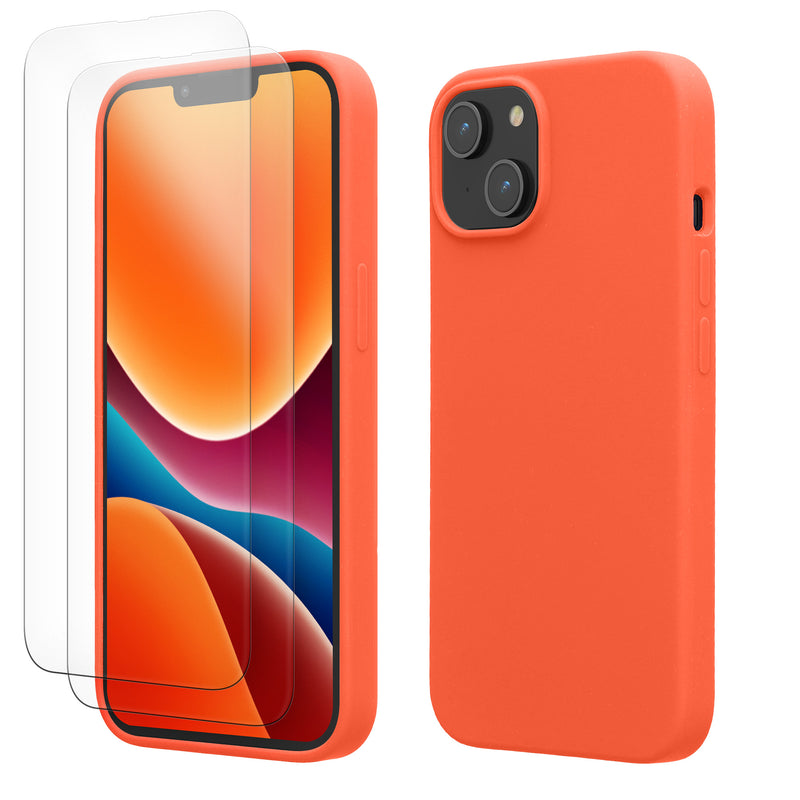 kwmobile Handyhülle mit 2x Displayschutzfolien kompatibel mit Apple iPhone 14 Hülle - Screen Protector aus gehärtetem Glas - kabelloses Laden - Leuchtende Koralle Leuchtende Koralle