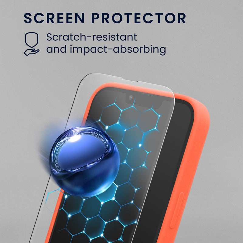 kwmobile Handyhülle mit 2x Displayschutzfolien kompatibel mit Apple iPhone 14 Hülle - Screen Protector aus gehärtetem Glas - kabelloses Laden - Leuchtende Koralle Leuchtende Koralle