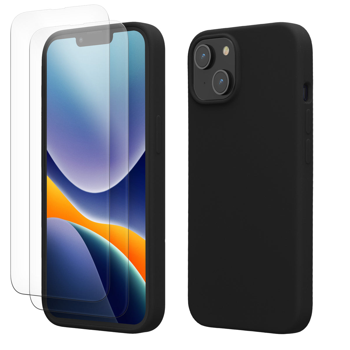 kwmobile Handyhülle mit 2x Displayschutzfolien kompatibel mit Apple iPhone 14 Hülle - Screen Protector aus gehärtetem Glas - kabelloses Laden - Schwarz Schwarz