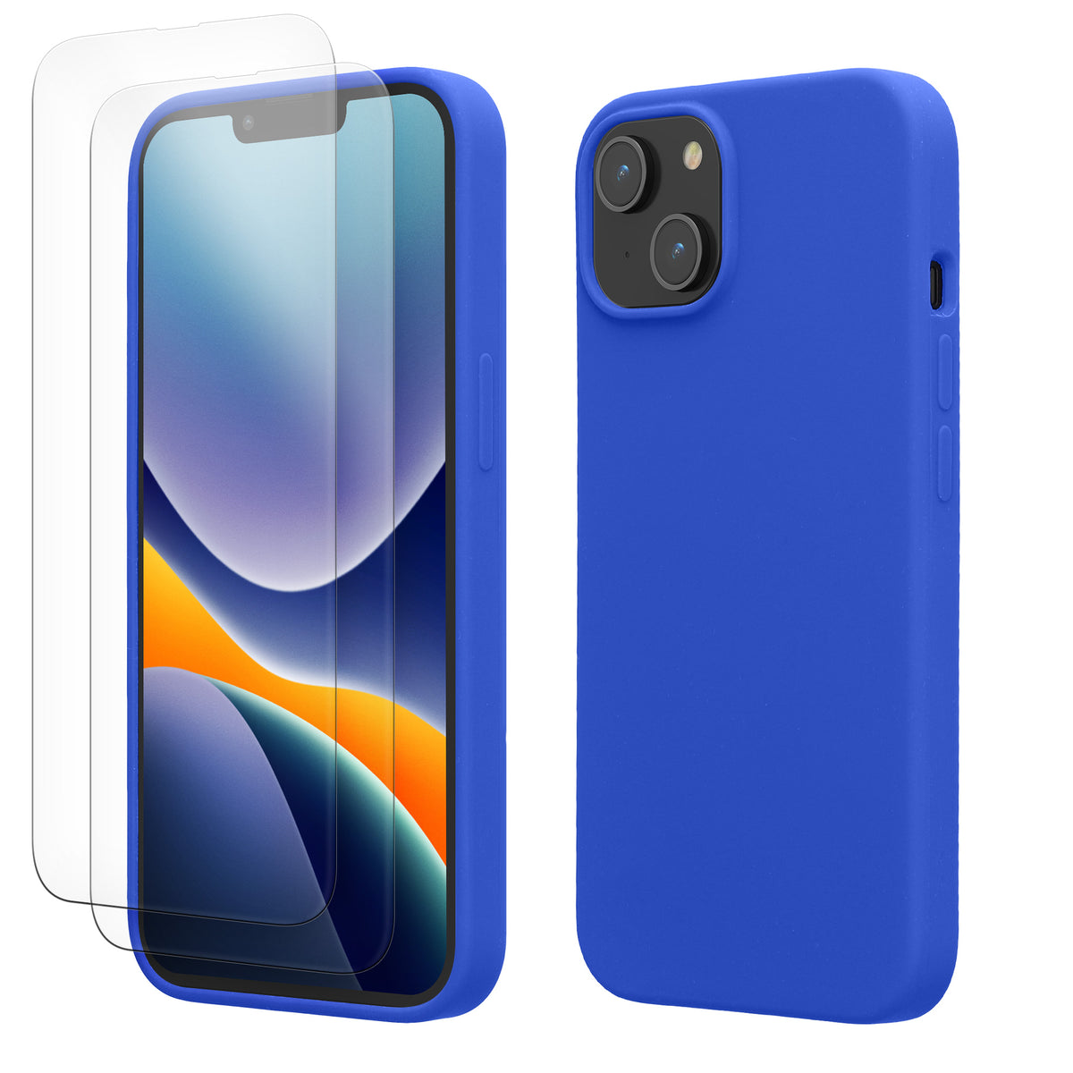 kwmobile Handyhülle mit 2x Displayschutzfolien kompatibel mit Apple iPhone 14 Hülle - Screen Protector aus gehärtetem Glas - kabelloses Laden - Baltik Blau Baltik Blau
