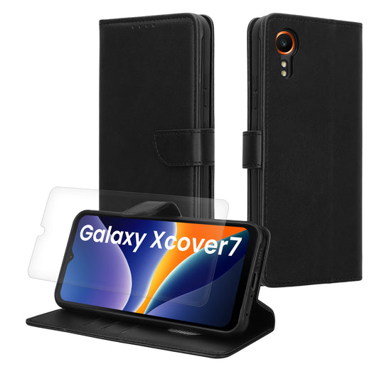 kwmobile Kunstleder Handyhülle kompatibel mit Samsung Galaxy Xcover7 Hülle - Brieftaschen Schutzhülle aus PU-Leder mit Displayschutz und RFID-Schutz - Schwarz Schwarz  