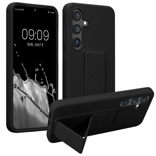 kwmobile Handyhülle für Samsung Galaxy S24 Hülle - TPU Silikon Case mit Fingerhalter und Stand - Schutzhülle Cover in Schwarz Schwarz  