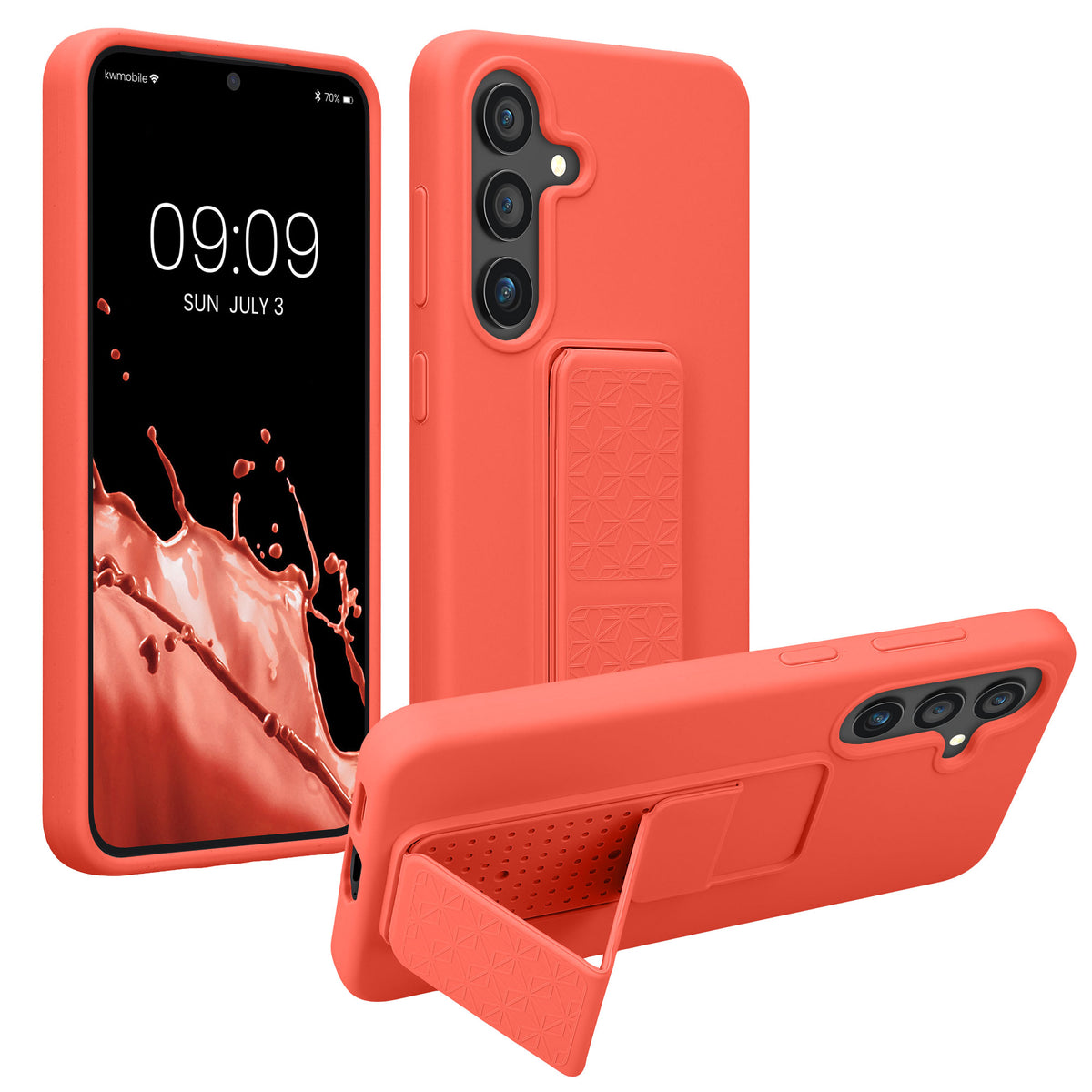 kwmobile Handyhülle für Samsung Galaxy S25 Hülle - TPU Silikon Case mit Fingerhalter und Stand - Schutzhülle Cover in Koralle Koralle